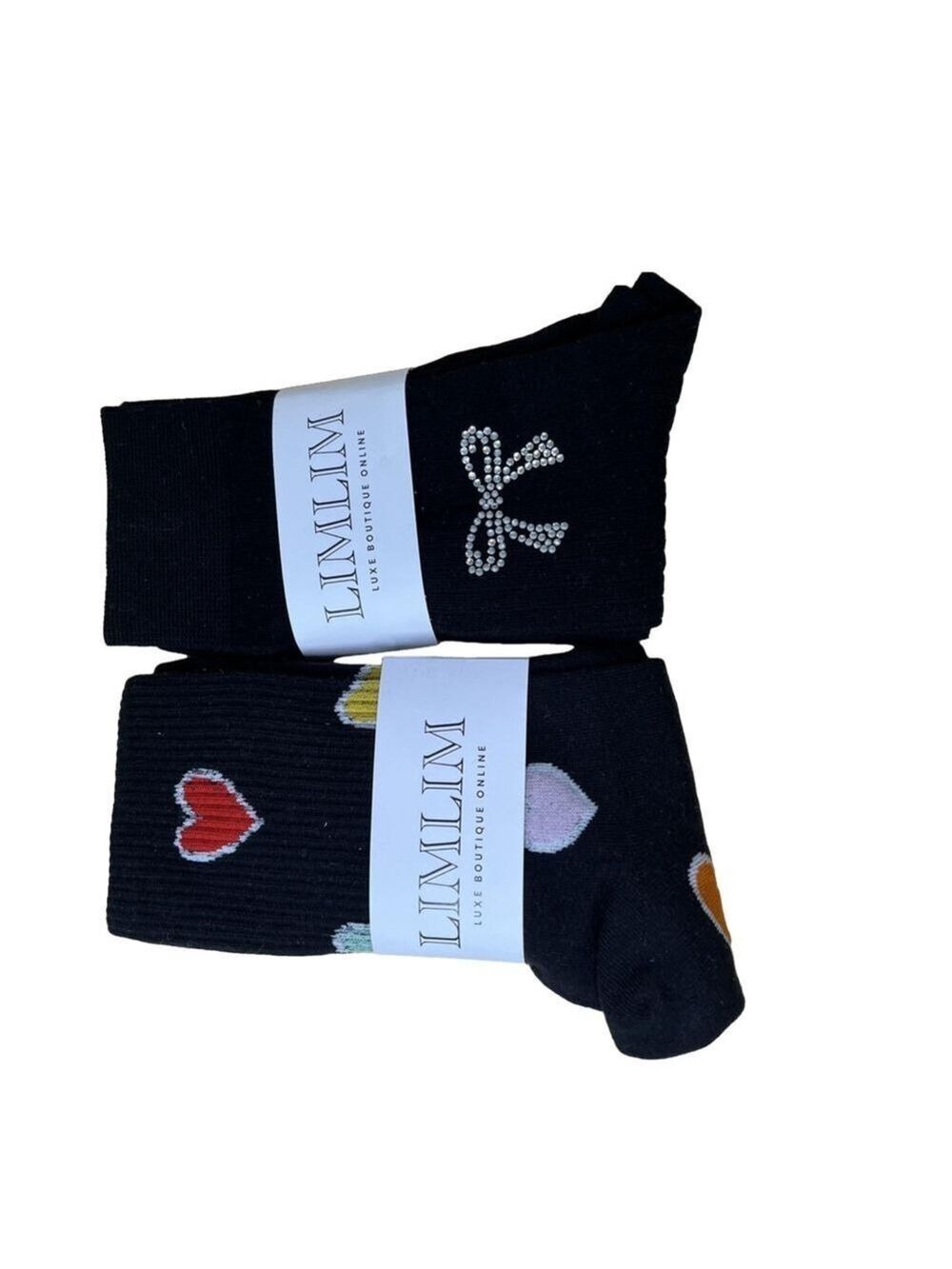 LIMLIM Luxury Boutique Socks, 2 Pairs Black w/ Sparkle Bow & Multicolor Hearts